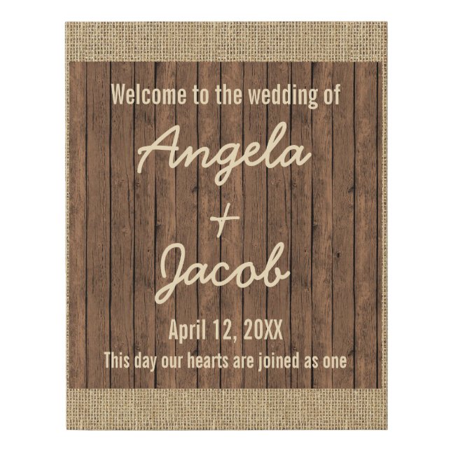 Personalized Wedding Welcome Rustic Burlap Wood Faux Canvas Print (Front)