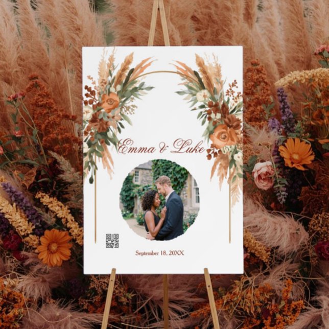 Personalized Wedding Welcome Sign with QR Code (Custom wedding welcome sign with photo, names, date, and QR code in elegant boho style.)