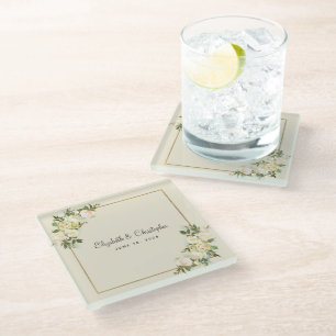 Personalized Wedding White Rose Floral Eggshell Glass Coaster