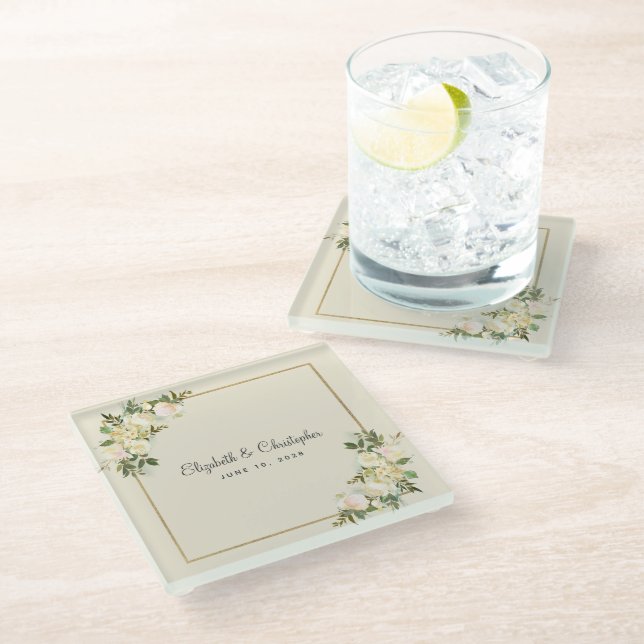 Personalized Wedding | White Rose Floral Eggshell Glass Coaster (Angled)