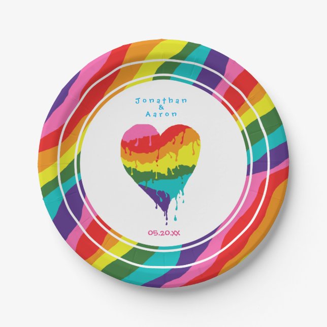 Personalized Weddings LGBT Rainbow Heart Paper Plates (Front)