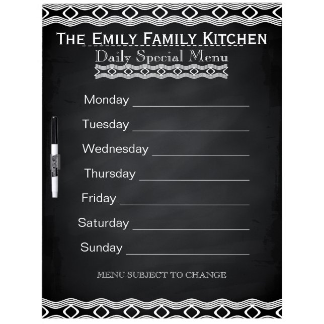 Personalized Weekly Dinner Menu Black Chalkboard Dry Erase Board (Front)