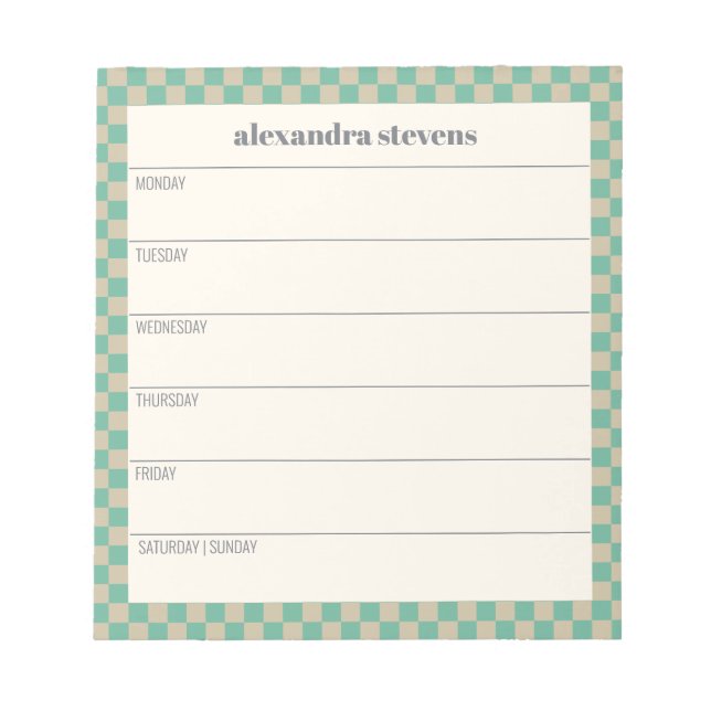 Personalized Weekly Planner Retro Mint Checkered Notepad (Front)