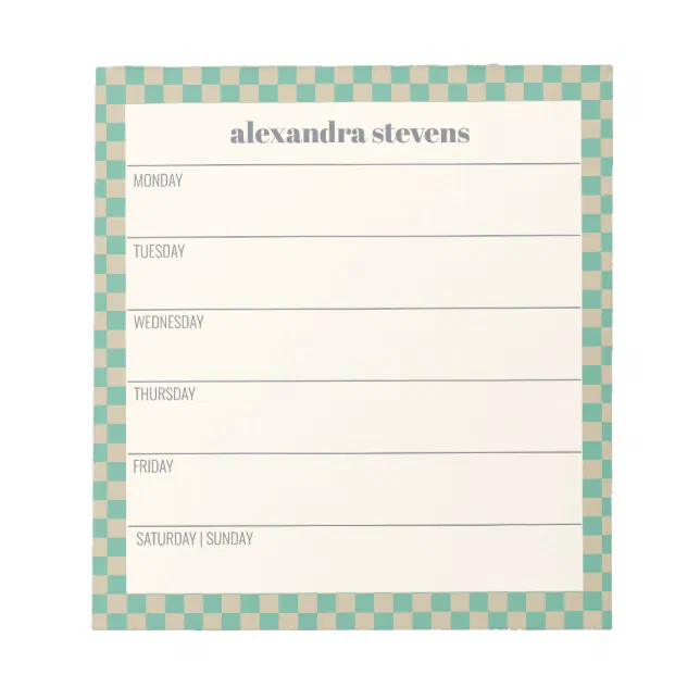 Personalized Weekly Planner Retro Mint Checkered Notepad | Zazzle