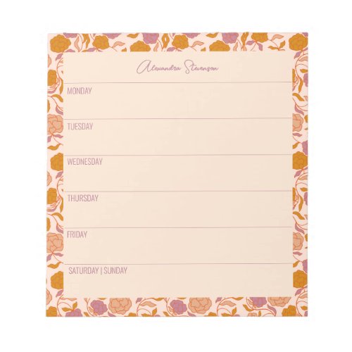 Personalized Weekly Planner Vintage Orange Floral Notepad