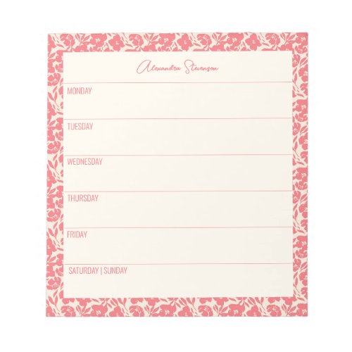 Personalized Weekly Planner Vintage Red Floral Notepad