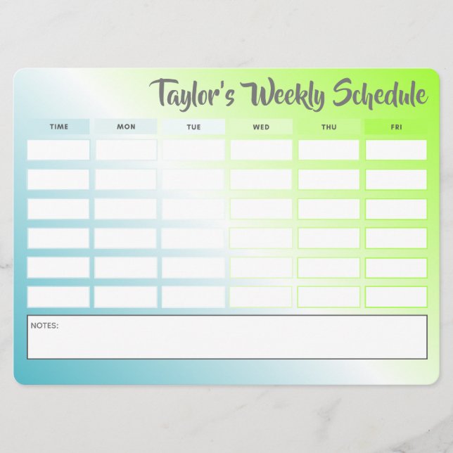 Personalized Weekly Schedule School Timetable (Front)