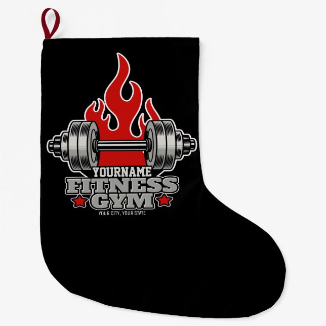 Personalized Weight Lifting Dumbbell Fitness Gym Large Christmas Stocking (Front)