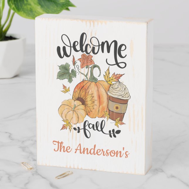 Personalized Welcome Fall Pumpkins Autumn Wooden Box Sign (In Situ Vertical)