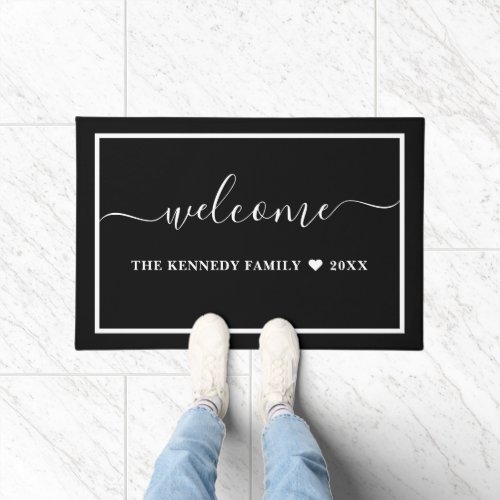 Personalized Welcome Family Name Black And White Doormat