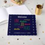 Personalized WELCOME LOVE JOY PEACE Jewish Guest Book<br><div class="desc">Keep the memories of your special gatherings alive by collecting your guests' thoughts in this subtly stylish dark blue and gray Guest Book. The placeholder text is customizable, so you can change the description, eg. to your family name, etc. The words LOVE JOY PEACE are also written in Hebrew (and...</div>