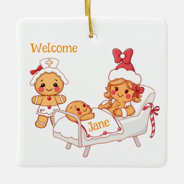 Personalized Welcome New Gingerbread Baby Ceramic Ornament (Front)