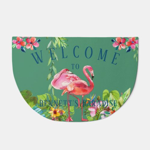Personalized Welcome To 2 Flamingo Paradise Doormat
