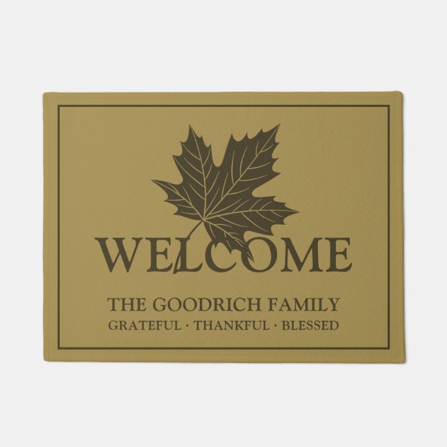 Personalized Welcome with Maple Leaf. Brown Doormat (Front)