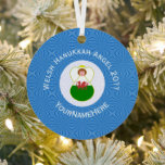 Personalized Welsh Angel Hanukkah Flag  Metal Ornament<br><div class="desc">Design features an angel, wearing the flag of Wales, flying in a white circle of squiggly squares. The background shows blue squiggly squares for Hanukkah celebrations. Above the angel are the words WELSH HANUKKAH ANGEL and a space for the year. Below, add a name to personalize or to create a...</div>