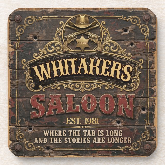 Personalized Western Saloon Rustic Man Cave Home Beverage Coaster (Front)