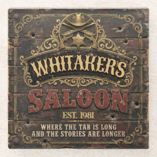 Personalized Western Saloon Rustic Man Cave Home Glass Coaster