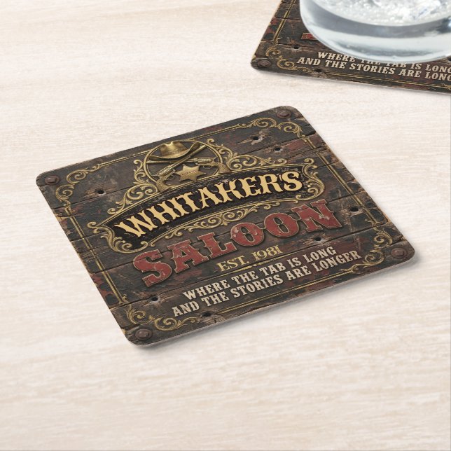 Personalized Western Saloon Rustic Man Cave Home Square Paper Coaster (Angled)
