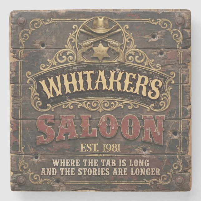 Personalized Western Saloon Rustic Man Cave Home Stone Coaster (Front)