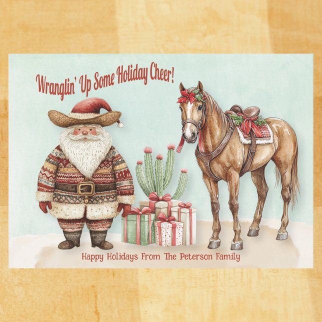 Personalized Western Santa Holiday Card (Western Santa watercolor card with cactus, horse, and gifts – Wranglin’ Up Some Holiday Cheer!

)