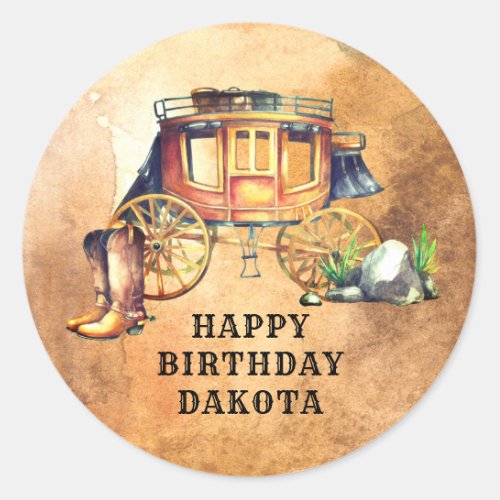Personalized Western Theme Stagecoach Birthday  Cl Classic Round Sticker