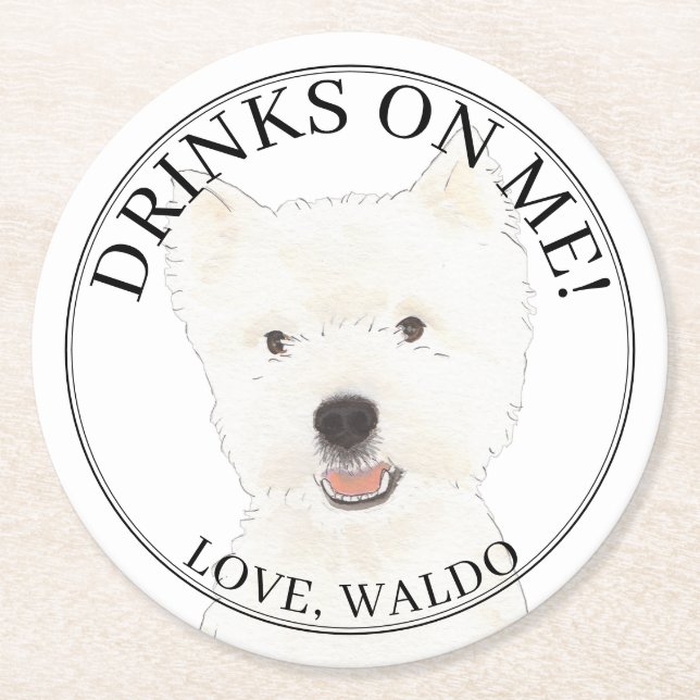 Personalized Westie Highland Terrier Dog Wedding Round Paper Coaster (Front)