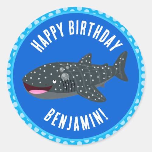 Personalized whale shark happy birthday cartoon classic round sticker