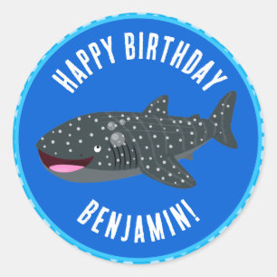 Personalized whale shark happy birthday cartoon classic round sticker