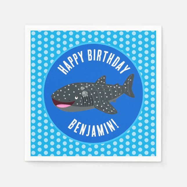 Personalized whale shark happy birthday cartoon napkins (Front)