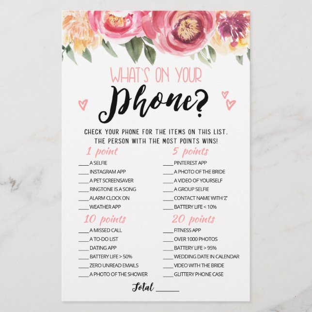 Personalized What's on your phone Hen Party game (Front)
