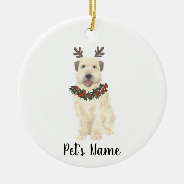 Personalized Wheaten Terrier Antlers and Bow Tie Ceramic Ornament (Front)