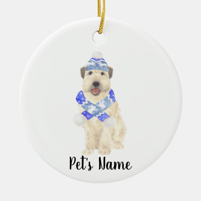 Personalized Wheaten Terrier Christmas Blue Scarf  Ceramic Ornament (Front)