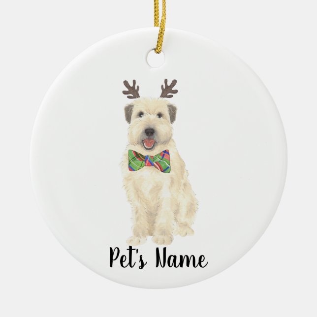 Personalized Wheaten Terrier Christmas Reindeer Ceramic Ornament (Front)