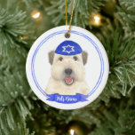 Personalized Wheaten Terrier Hanukkah Yarmulke Ceramic Ornament<br><div class="desc">Celebrate your favorite mensch on a bench with a personalized ornament! This design features a sweet illustration of a soft coated wheaten terrier with a blue and white yarmulke. For the most thoughtful gifts, pair it with another item from my collection! To see more work and learn about this artist,...</div>