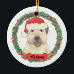 Personalized Wheaten Terrier Santa Hat Christmas Ceramic Ornament<br><div class="desc">I am in love with this beautifully detailed watercolor illustration of a smiling wheaten terrier with a little red santa hat! Personalize these ornaments and make the nice list this year! For the perfect presents, pair it with a matching item from the collection for a thoughtful housewarming, bridal shower, teacher,...</div>