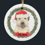 Personalized Wheaten Terrier Santa Hat Christmas Ceramic Ornament<br><div class="desc">I am in love with this beautifully detailed watercolor illustration of a smiling wheaten terrier with a little red santa hat! Personalize these ornaments and make the nice list this year! For the perfect presents, pair it with a matching item from the collection for a thoughtful housewarming, bridal shower, teacher,...</div>