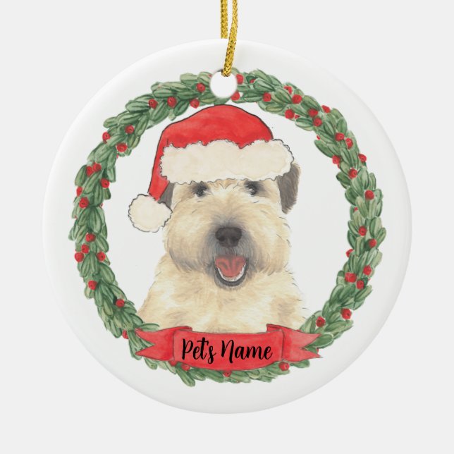 Personalized Wheaten Terrier Santa Hat Christmas Ceramic Ornament (Front)