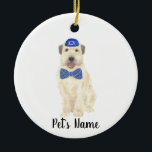 Personalized Wheaten Terrier Yarmulke and Tie  Ceramic Ornament<br><div class="desc">I am in love with this beautifully detailed watercolor illustration of a smiling wheaten terrier with little blue and white yarmulke and bow tie outfit! Personalize these ornaments and make the nice list this year! For the perfect presents, pair it with a matching item from the collection for a thoughtful...</div>