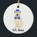 Personalized Wheaten Terrier Yarmulke and Tie  Ceramic Ornament<br><div class="desc">I am in love with this beautifully detailed watercolor illustration of a smiling wheaten terrier with little blue and white yarmulke and bow tie outfit! Personalize these ornaments and make the nice list this year! For the perfect presents, pair it with a matching item from the collection for a thoughtful...</div>