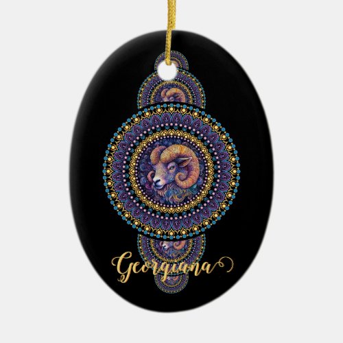 Personalized Whimsical Aries Ornamental Mandala Ceramic Ornament