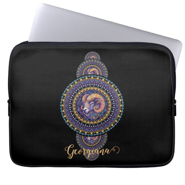 Personalized Whimsical Aries Ornamental Mandala Laptop Sleeve (Front)