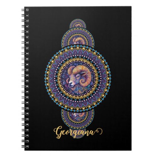 Personalized Whimsical Aries Ornamental Mandala Notebook