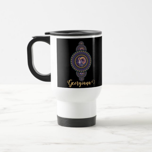 Personalized Whimsical Aries Ornamental Mandala Travel Mug (Left)