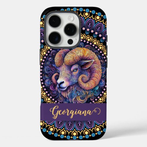 Personalized Whimsical Aries Zodiac Dot Mandala iPhone 16 Pro Case