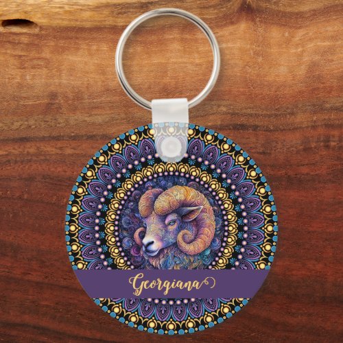 Personalized Whimsical Aries Zodiac Dot Mandala Keychain