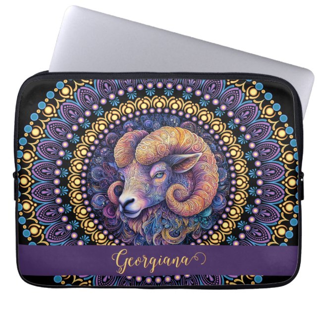 Personalized Whimsical Aries Zodiac Dot Mandala Laptop Sleeve (Front)