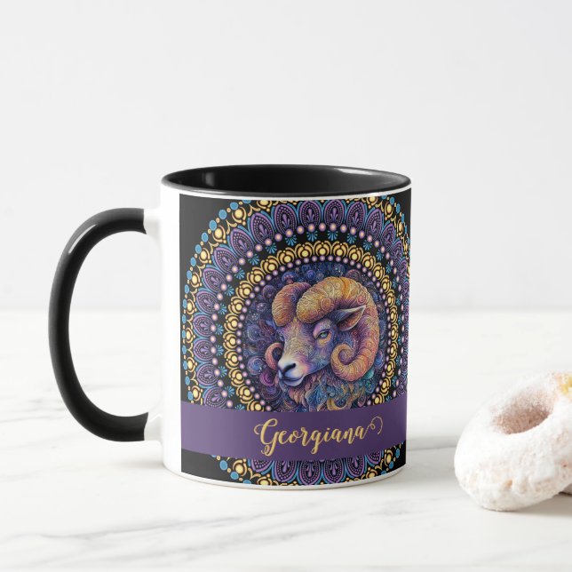Personalized Whimsical Aries Zodiac Dot Mandala Mug (With Donut)