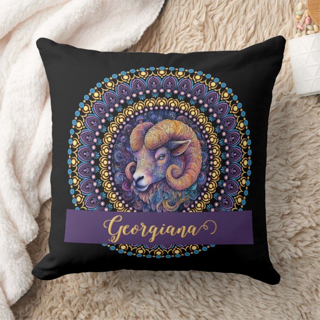 Personalized Whimsical Aries Zodiac Dot Mandala Throw Pillow (Blanket)