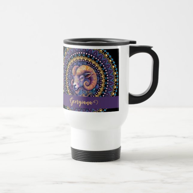 Personalized Whimsical Aries Zodiac Dot Mandala Travel Mug (Right)