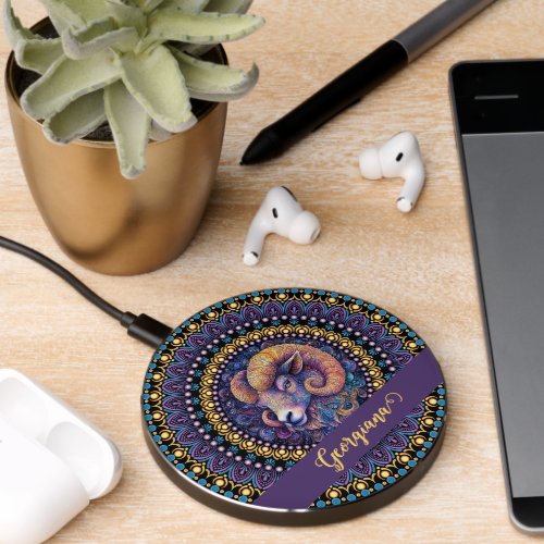 Personalized Whimsical Aries Zodiac Dot Mandala Wireless Charger